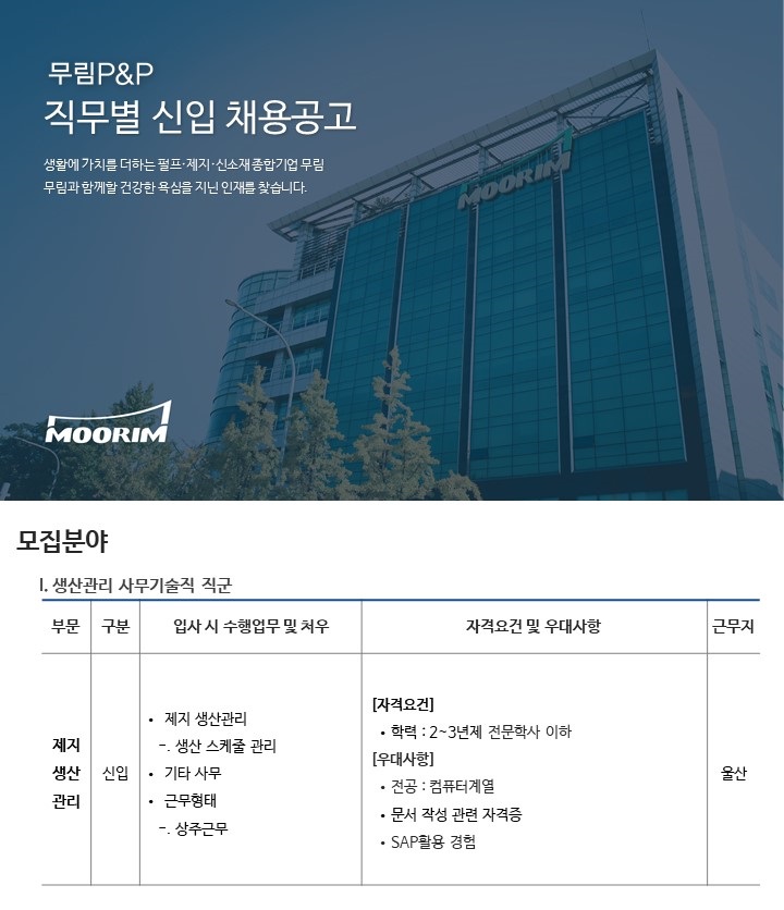 [무림피앤피] 2023년 제지생산관리 등 각 직무별 신입 채용