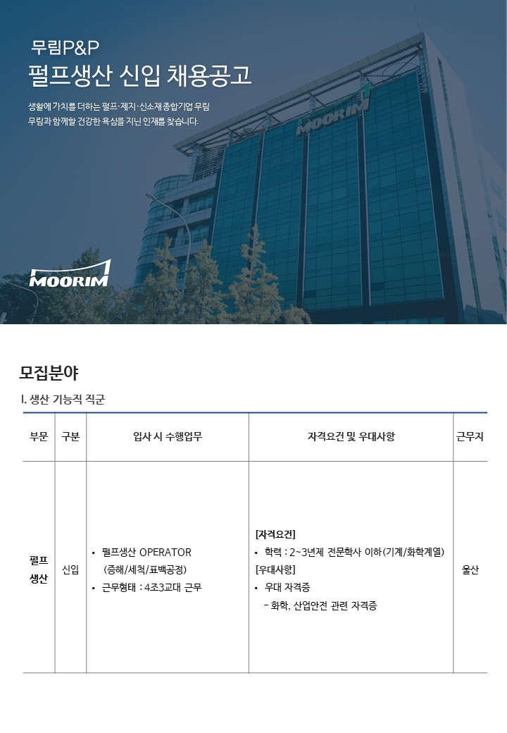 [무림피앤피] 2023년 펄프생산 기능직 신입 채용